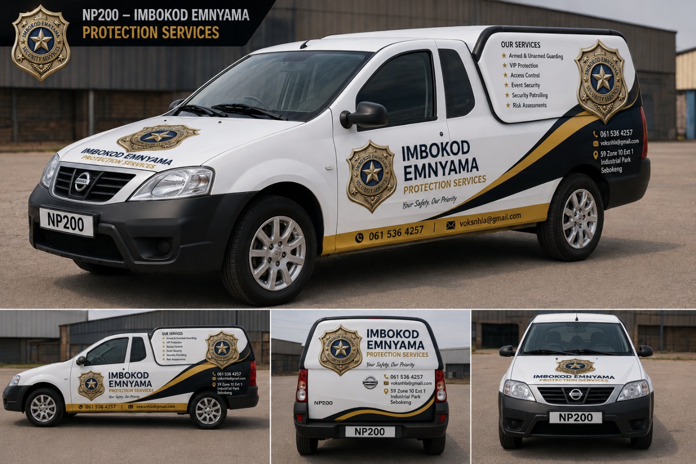 Imbokod’ Emnyama Protection Services branded response vehicle showing company contact details