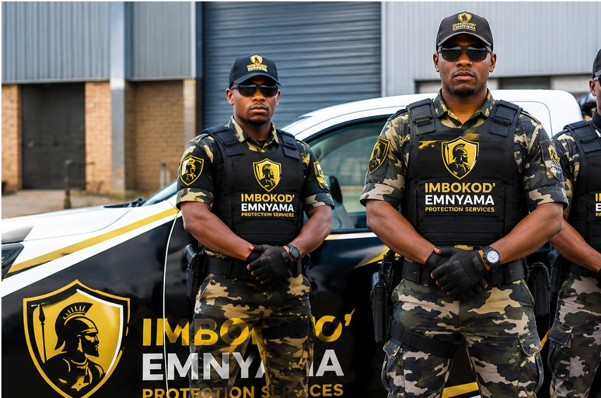 Imbokod’ Emnyama security officers on duty beside a branded patrol vehicle